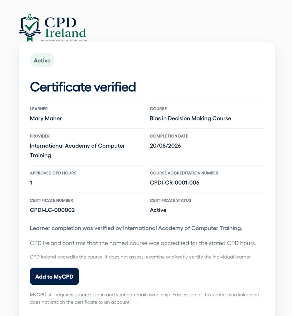 Example CPD Ireland online certificate verification record showing learner, course, provider, CPD hours and certificate status