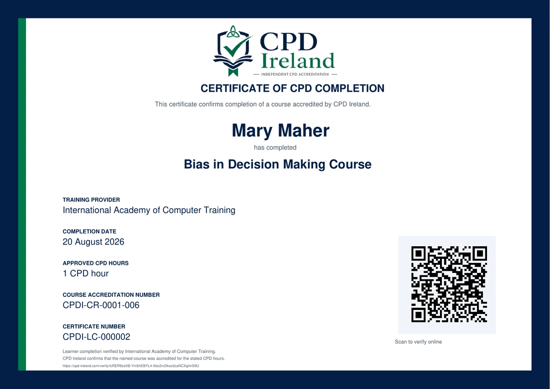 Example CPD Ireland Certificate of CPD Completion with a unique certificate number and QR code