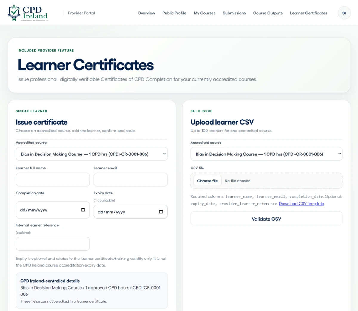 Example Provider Portal learner certificate screen showing individual certificate issuance and bulk CSV upload for an accredited course