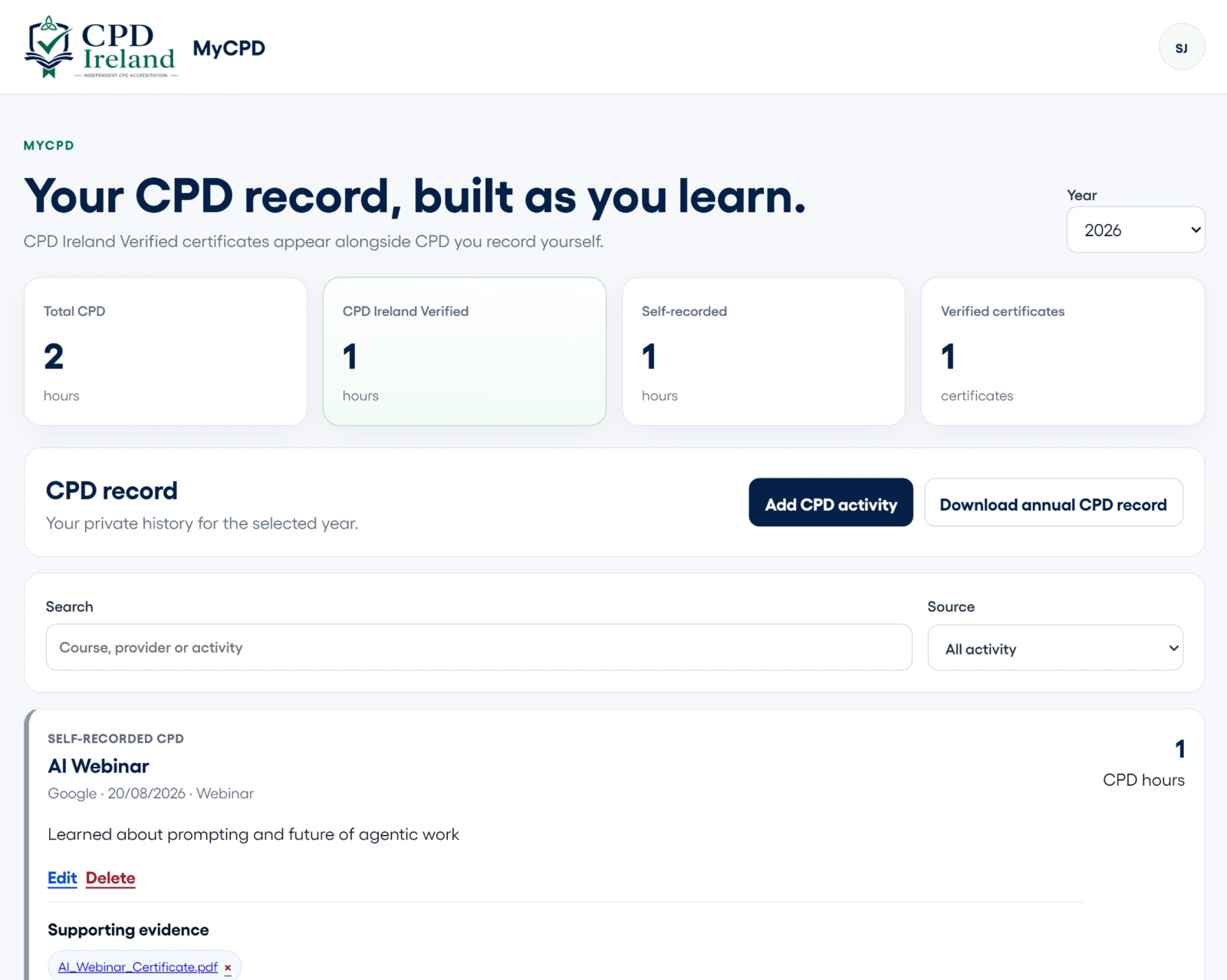 Example MyCPD dashboard showing separate CPD Ireland Verified and self-recorded activity in a private learner record