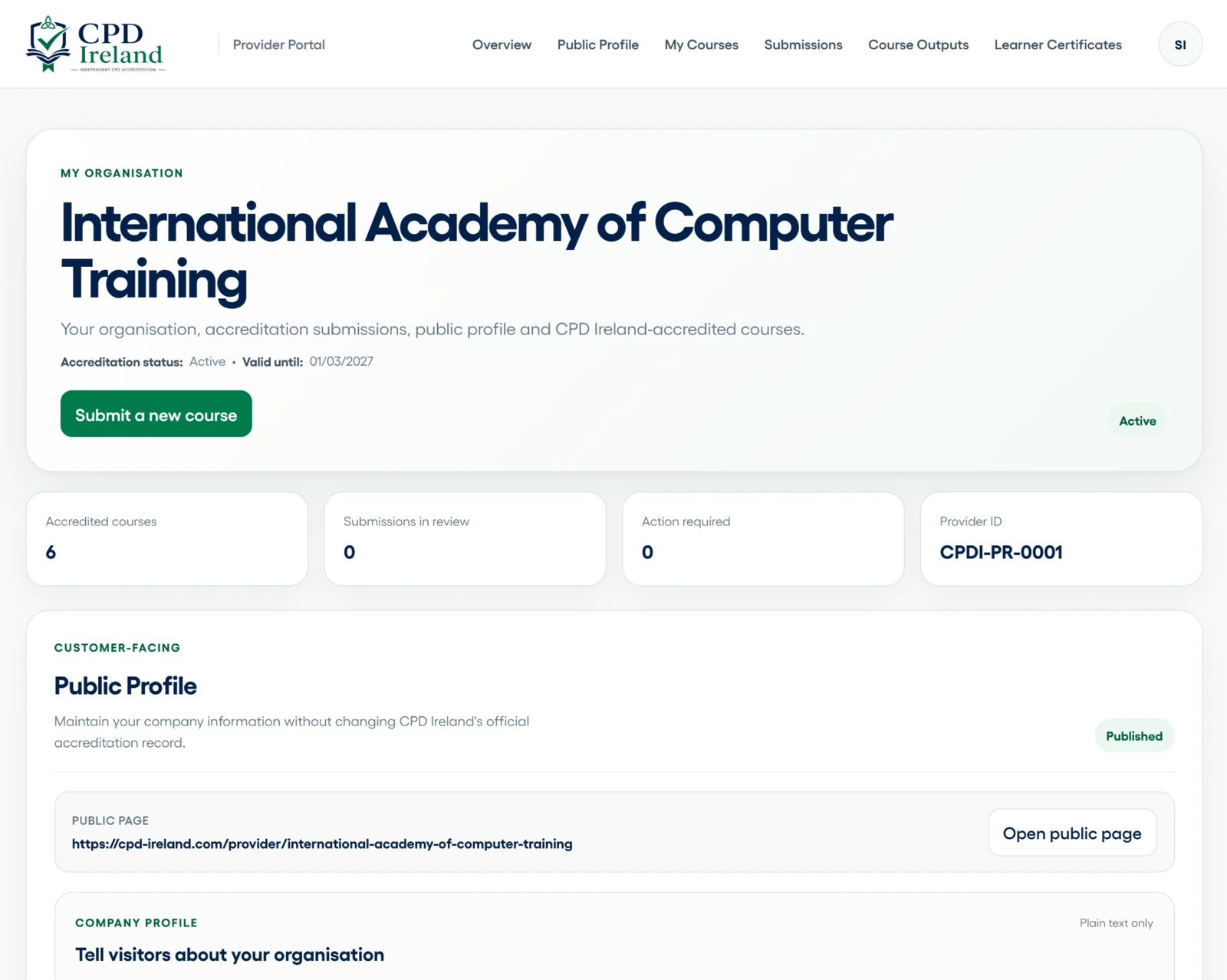Example CPD Ireland Provider Portal showing an organisation overview, accreditation status, accredited course count and public profile status