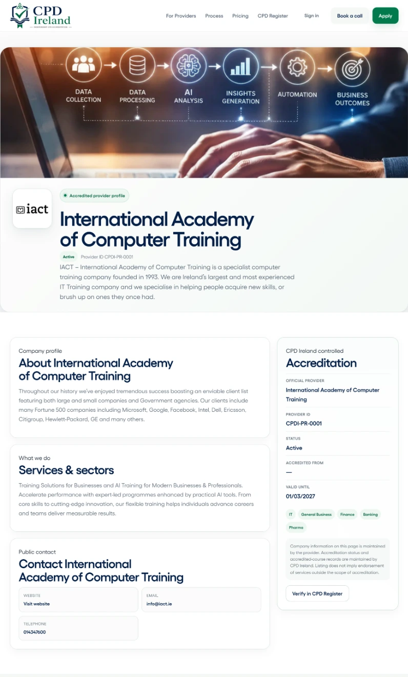Example public CPD Ireland accredited provider profile showing provider-managed company information and CPD Ireland-controlled accreditation details
